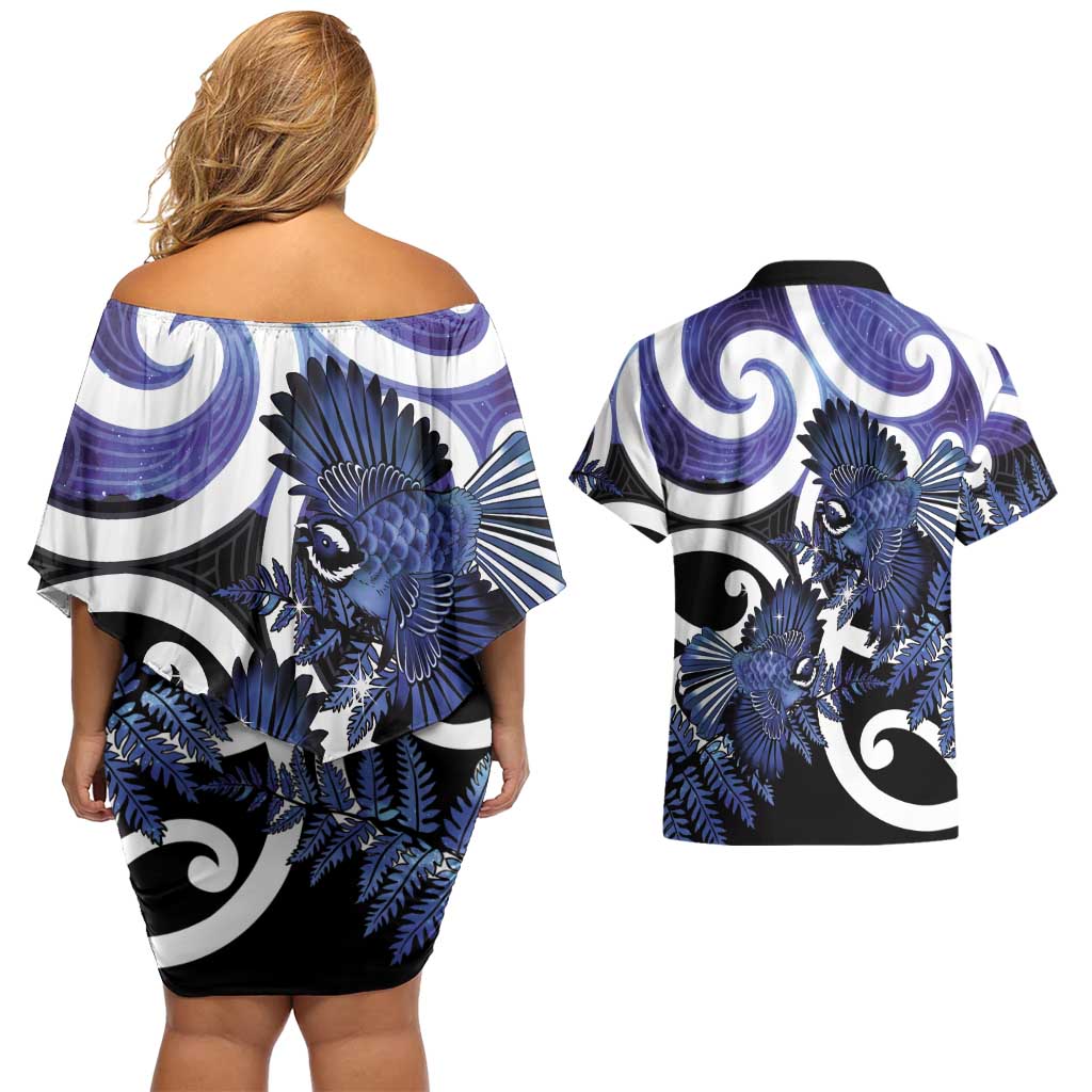Piwakawaka New Zealand Matariki Couples Matching Off Shoulder Short Dress and Hawaiian Shirt Maori New Year Silver Fern Purple Galaxy LT14 - Polynesian Pride