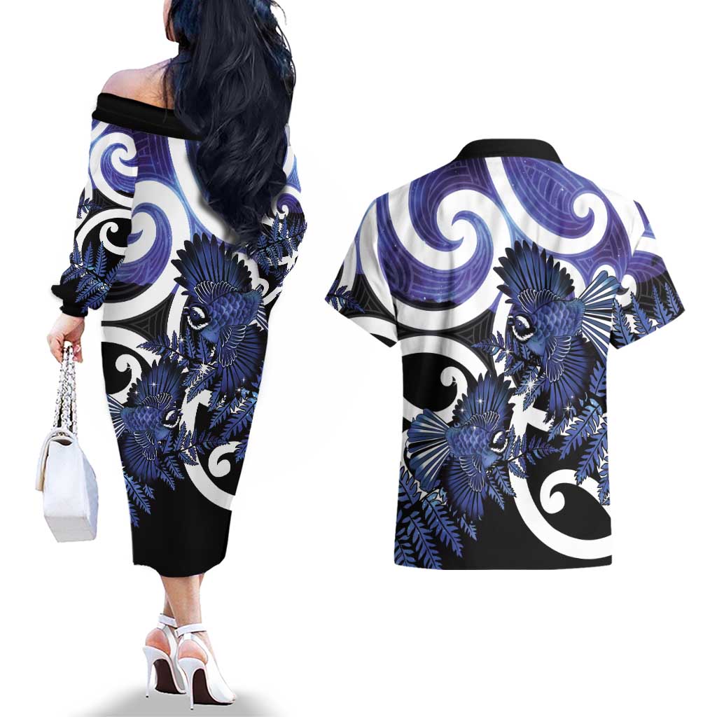 Piwakawaka New Zealand Matariki Couples Matching Off The Shoulder Long Sleeve Dress and Hawaiian Shirt Maori New Year Silver Fern Purple Galaxy LT14 - Polynesian Pride