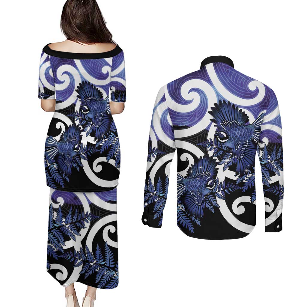 Piwakawaka New Zealand Matariki Couples Matching Puletasi and Long Sleeve Button Shirt Maori New Year Silver Fern Purple Galaxy LT14 - Polynesian Pride
