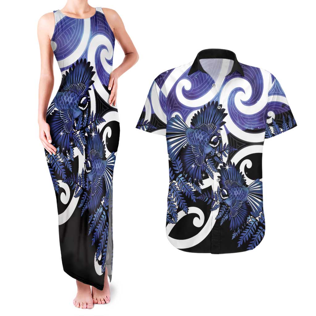 Piwakawaka New Zealand Matariki Couples Matching Tank Maxi Dress and Hawaiian Shirt Maori New Year Silver Fern Purple Galaxy LT14 Purple - Polynesian Pride