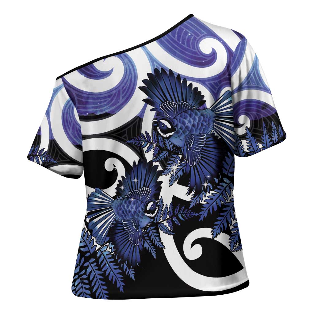 Piwakawaka New Zealand Matariki Cross Shoulder Shirt Maori New Year Silver Fern Purple Galaxy LT14 - Polynesian Pride