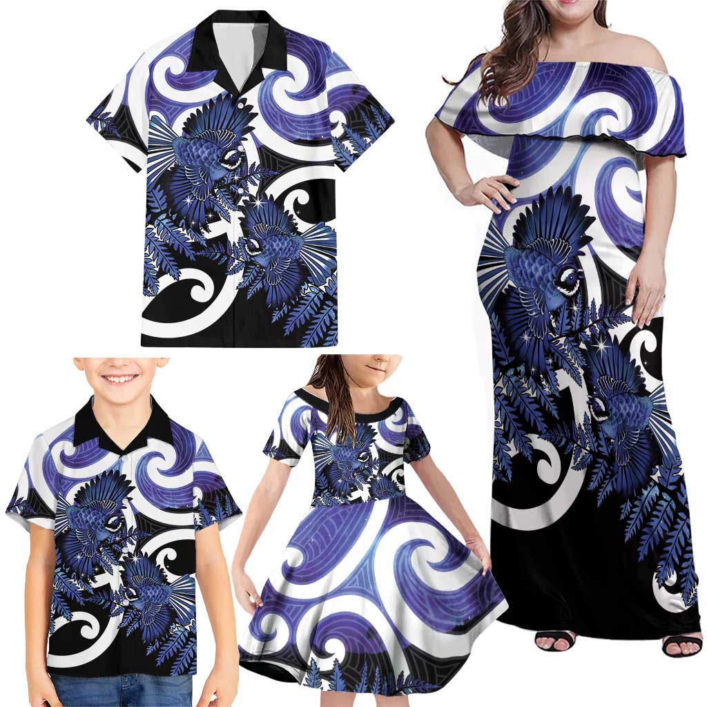 Piwakawaka New Zealand Matariki Family Matching Off Shoulder Maxi Dress and Hawaiian Shirt Maori New Year Silver Fern Purple Galaxy LT14 - Polynesian Pride