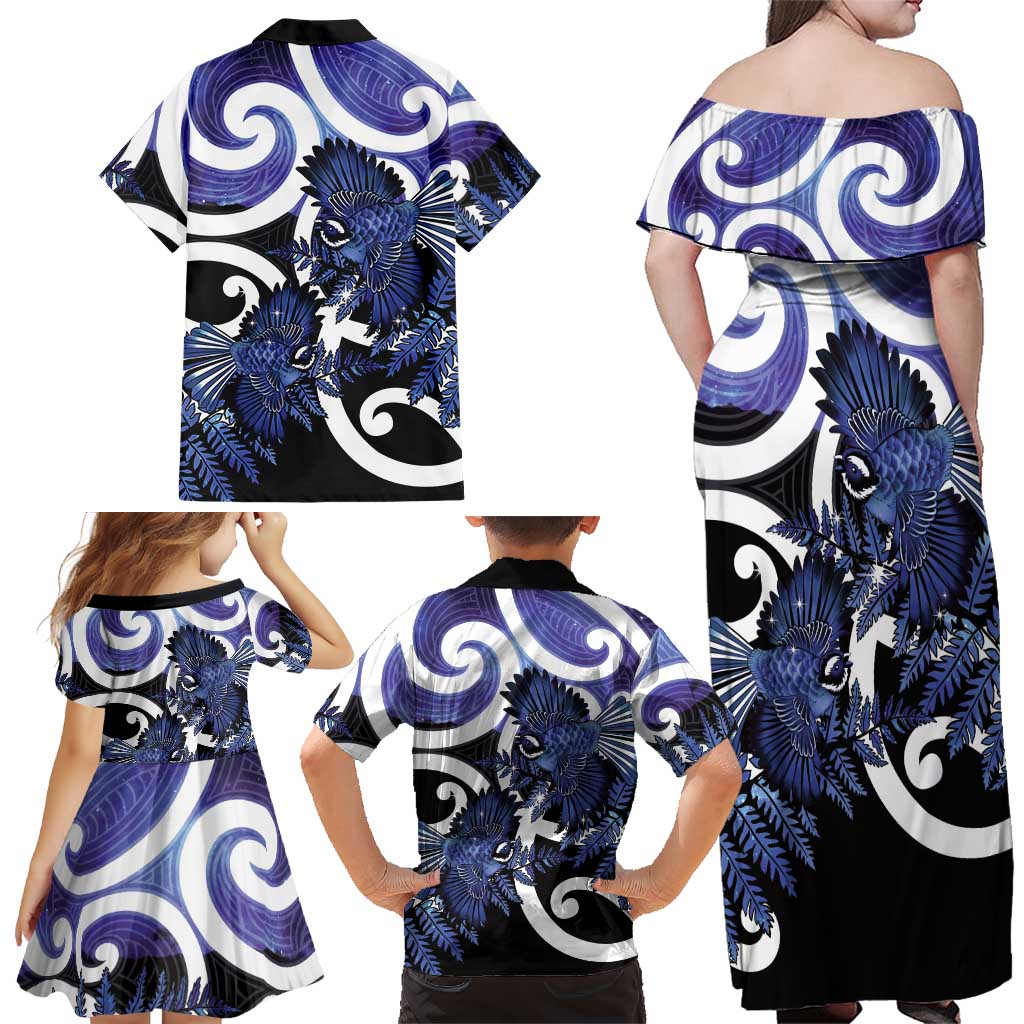 Piwakawaka New Zealand Matariki Family Matching Off Shoulder Maxi Dress and Hawaiian Shirt Maori New Year Silver Fern Purple Galaxy LT14 - Polynesian Pride
