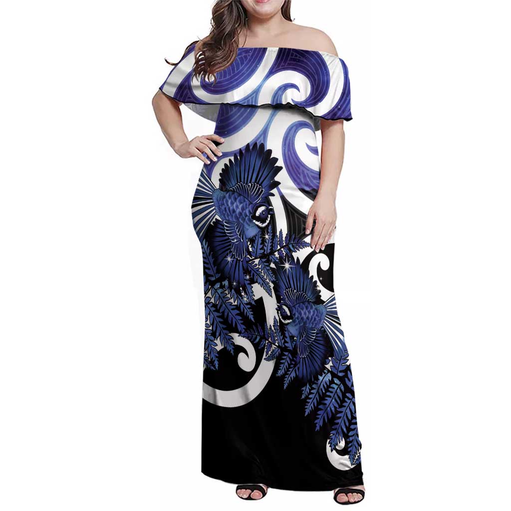 Piwakawaka New Zealand Matariki Family Matching Off Shoulder Maxi Dress and Hawaiian Shirt Maori New Year Silver Fern Purple Galaxy LT14 Mom's Dress Purple - Polynesian Pride