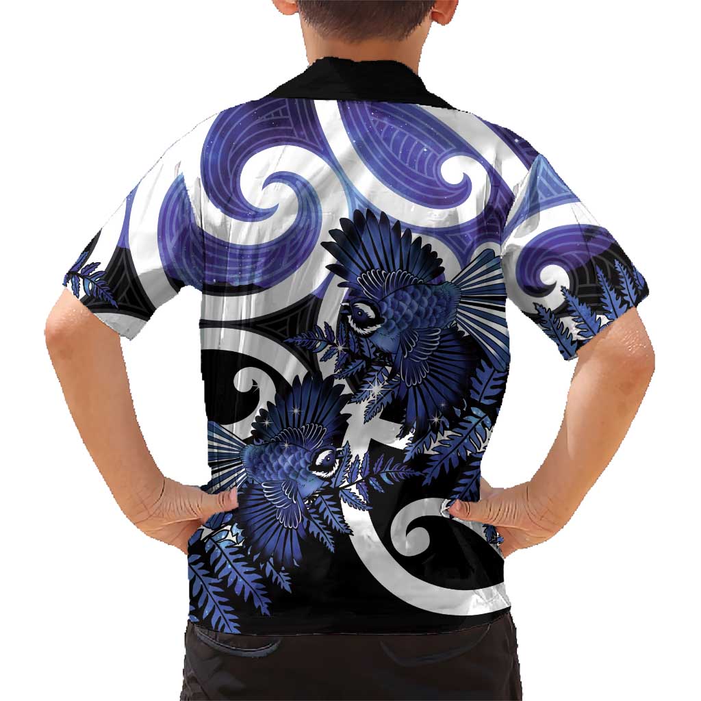 Piwakawaka New Zealand Matariki Family Matching Off Shoulder Short Dress and Hawaiian Shirt Maori New Year Silver Fern Purple Galaxy LT14 - Polynesian Pride