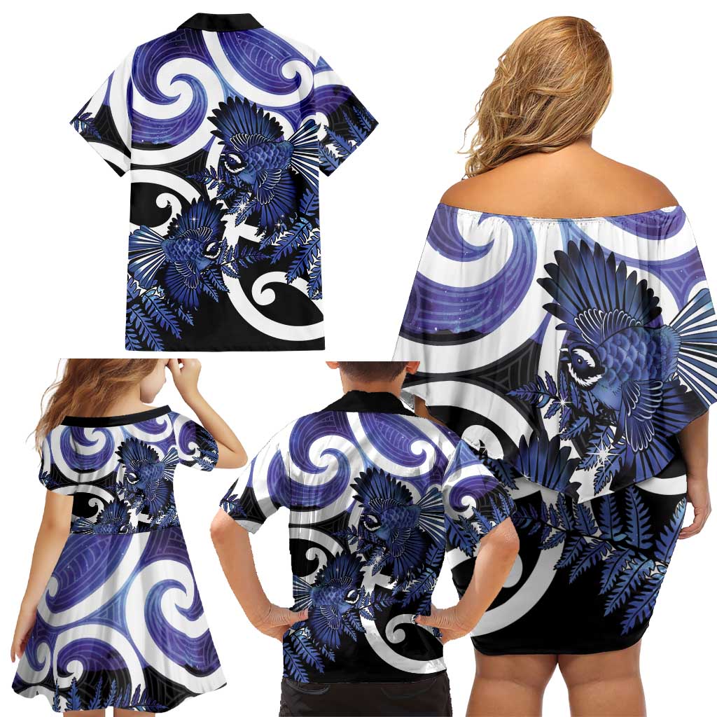 Piwakawaka New Zealand Matariki Family Matching Off Shoulder Short Dress and Hawaiian Shirt Maori New Year Silver Fern Purple Galaxy LT14 - Polynesian Pride
