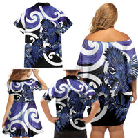 Piwakawaka New Zealand Matariki Family Matching Off Shoulder Short Dress and Hawaiian Shirt Maori New Year Silver Fern Purple Galaxy LT14 - Polynesian Pride
