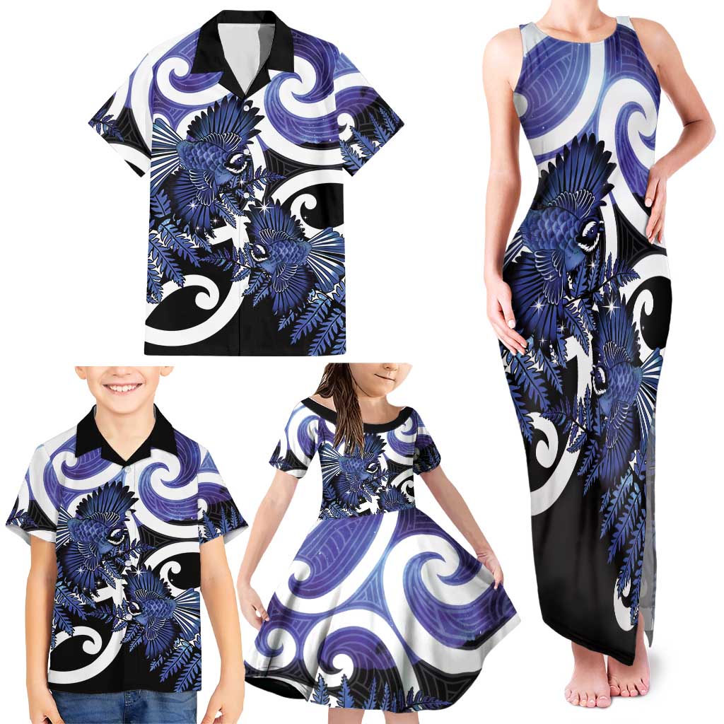 Piwakawaka New Zealand Matariki Family Matching Tank Maxi Dress and Hawaiian Shirt Maori New Year Silver Fern Purple Galaxy LT14 - Polynesian Pride