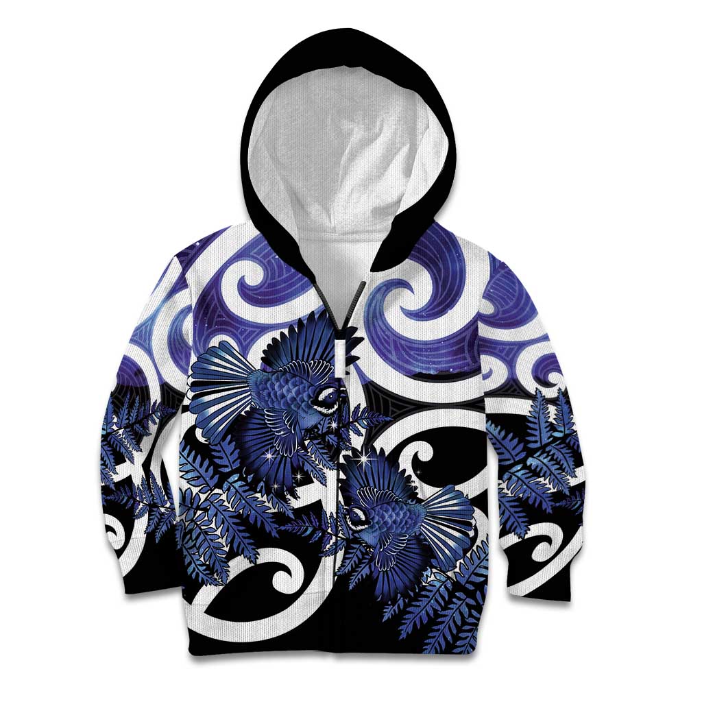 Piwakawaka New Zealand Matariki Kid Hoodie Maori New Year Silver Fern Purple Galaxy LT14 Zip Hoodie Purple - Polynesian Pride