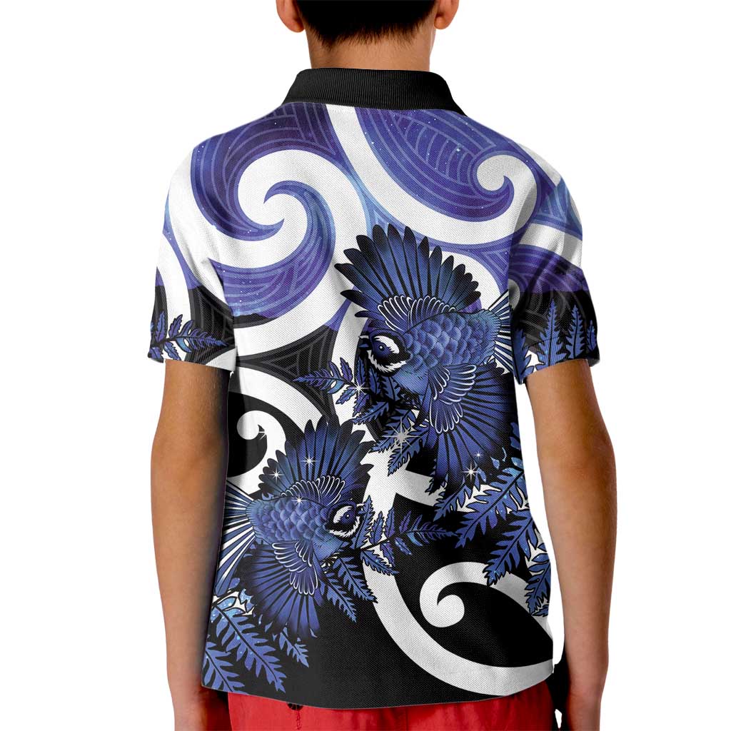 Piwakawaka New Zealand Matariki Kid Polo Shirt Maori New Year Silver Fern Purple Galaxy LT14 - Polynesian Pride