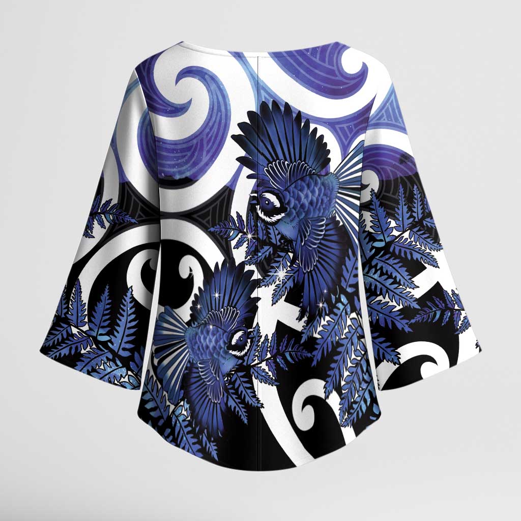 Piwakawaka New Zealand Matariki Kimono Sleeve Blouse Maori New Year Silver Fern Purple Galaxy LT14 - Polynesian Pride