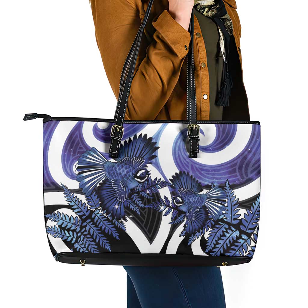 Piwakawaka New Zealand Matariki Leather Tote Bag Maori New Year Silver Fern Purple Galaxy LT14 - Polynesian Pride