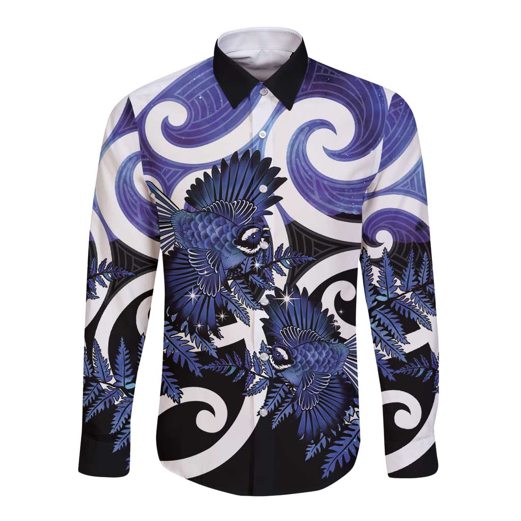 Piwakawaka New Zealand Matariki Long Sleeve Button Shirt Maori New Year Silver Fern Purple Galaxy LT14 Unisex Purple - Polynesian Pride