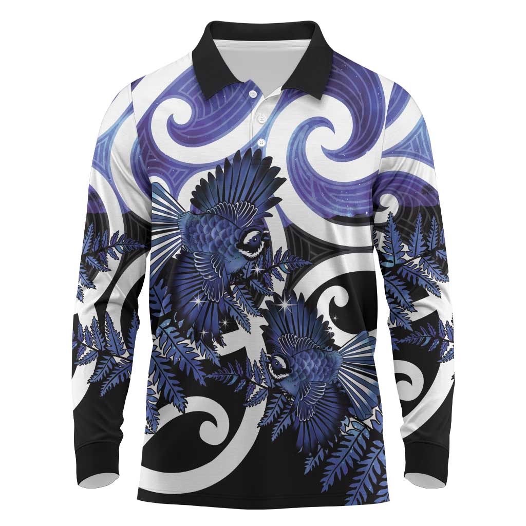 Piwakawaka New Zealand Matariki Long Sleeve Polo Shirt Maori New Year Silver Fern Purple Galaxy LT14 Purple - Polynesian Pride