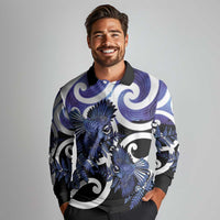 Piwakawaka New Zealand Matariki Long Sleeve Polo Shirt Maori New Year Silver Fern Purple Galaxy LT14 - Polynesian Pride
