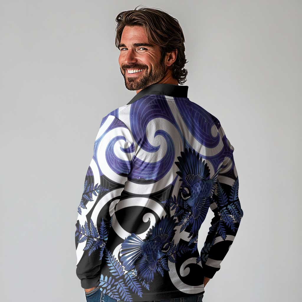 Piwakawaka New Zealand Matariki Long Sleeve Polo Shirt Maori New Year Silver Fern Purple Galaxy LT14 - Polynesian Pride
