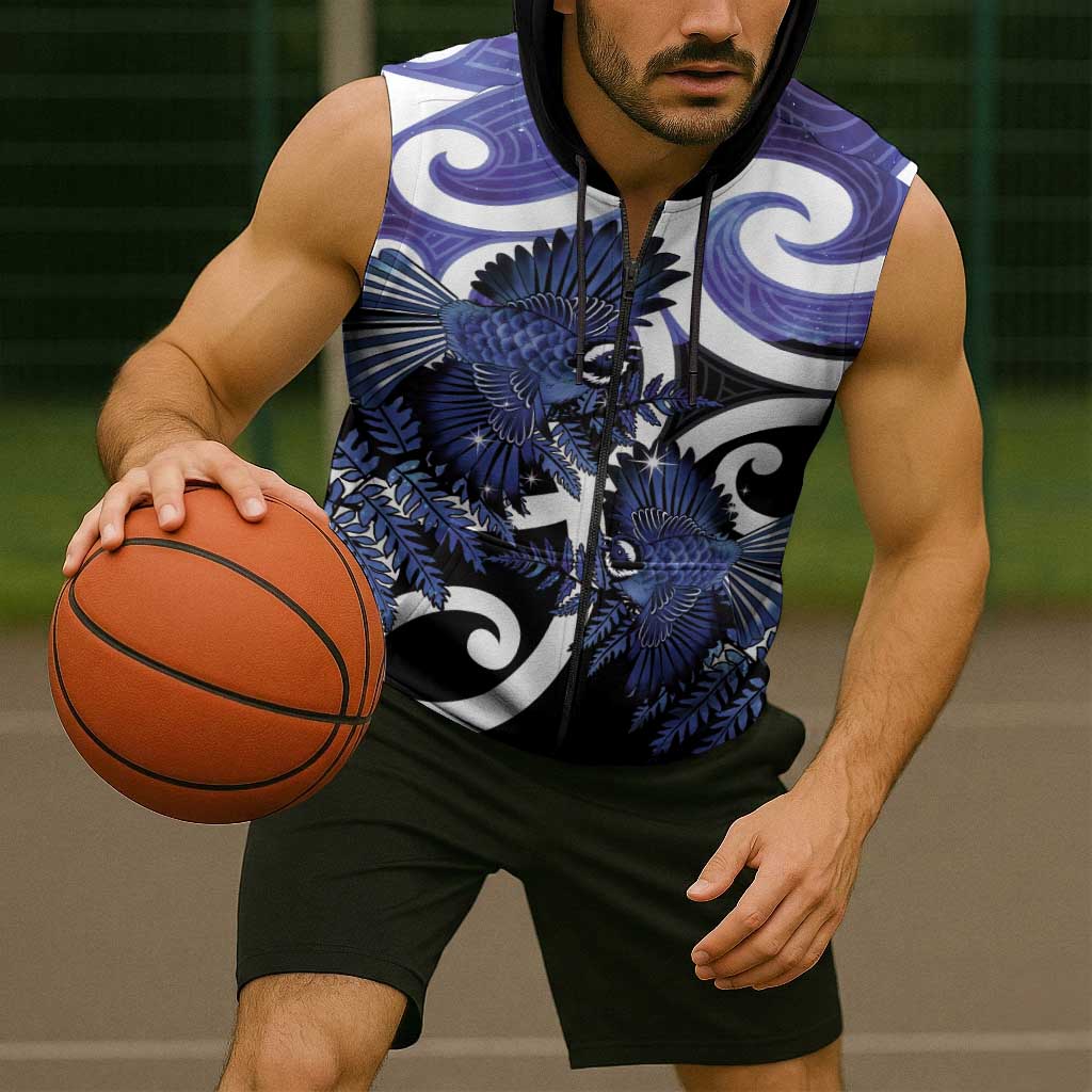 Piwakawaka New Zealand Matariki Sleeveless Zip Hoodie Maori New Year Silver Fern Purple Galaxy LT14 - Polynesian Pride