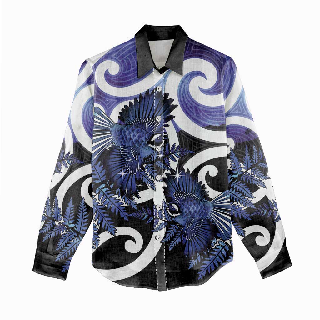 Piwakawaka New Zealand Matariki Women Casual Shirt Maori New Year Silver Fern Purple Galaxy LT14 - Polynesian Pride