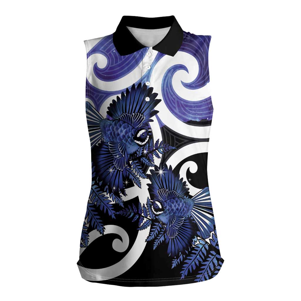 Piwakawaka New Zealand Matariki Women Sleeveless Polo Shirt Maori New Year Silver Fern Purple Galaxy