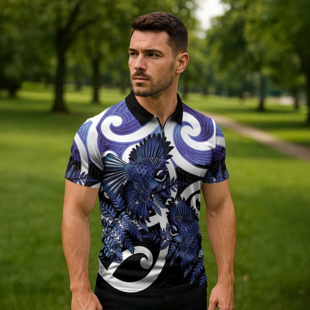 Piwakawaka New Zealand Matariki Zipper Polo Shirt Maori New Year Silver Fern Purple Galaxy LT14 - Polynesian Pride