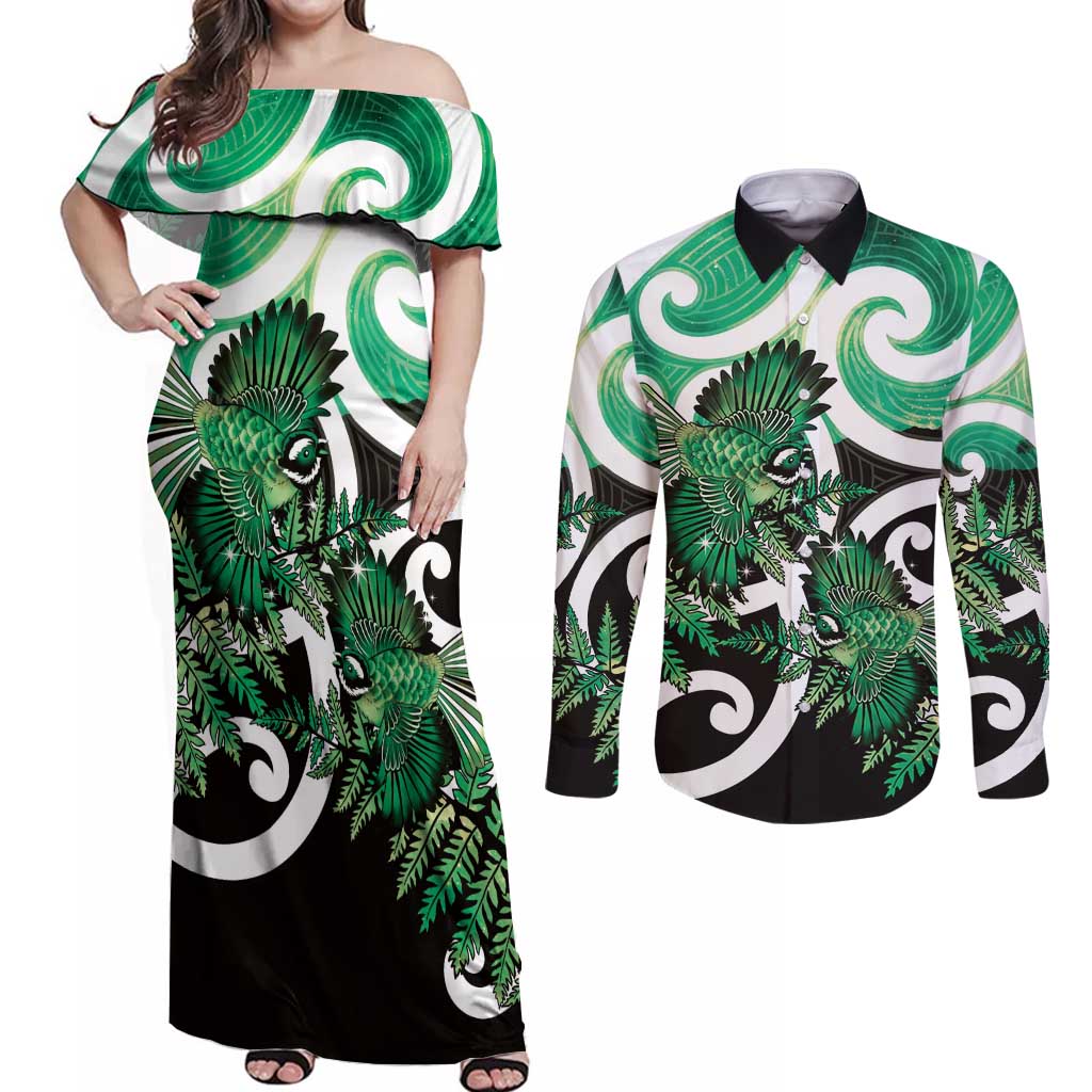 Piwakawaka New Zealand Matariki Couples Matching Off Shoulder Maxi Dress and Long Sleeve Button Shirt Maori New Year Silver Fern Green Galaxy