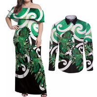Piwakawaka New Zealand Matariki Couples Matching Off Shoulder Maxi Dress and Long Sleeve Button Shirt Maori New Year Silver Fern Green Galaxy LT14 Green - Polynesian Pride