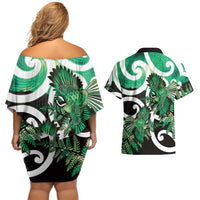 Piwakawaka New Zealand Matariki Couples Matching Off Shoulder Short Dress and Hawaiian Shirt Maori New Year Silver Fern Green Galaxy LT14 - Polynesian Pride