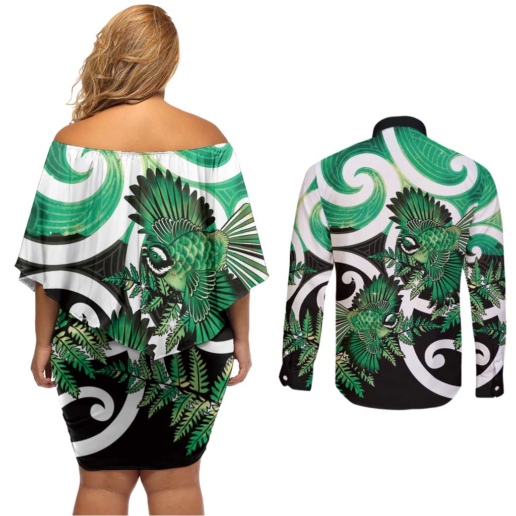 Piwakawaka New Zealand Matariki Couples Matching Off Shoulder Short Dress and Long Sleeve Button Shirt Maori New Year Silver Fern Green Galaxy LT14 - Polynesian Pride