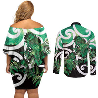 Piwakawaka New Zealand Matariki Couples Matching Off Shoulder Short Dress and Long Sleeve Button Shirt Maori New Year Silver Fern Green Galaxy LT14 - Polynesian Pride