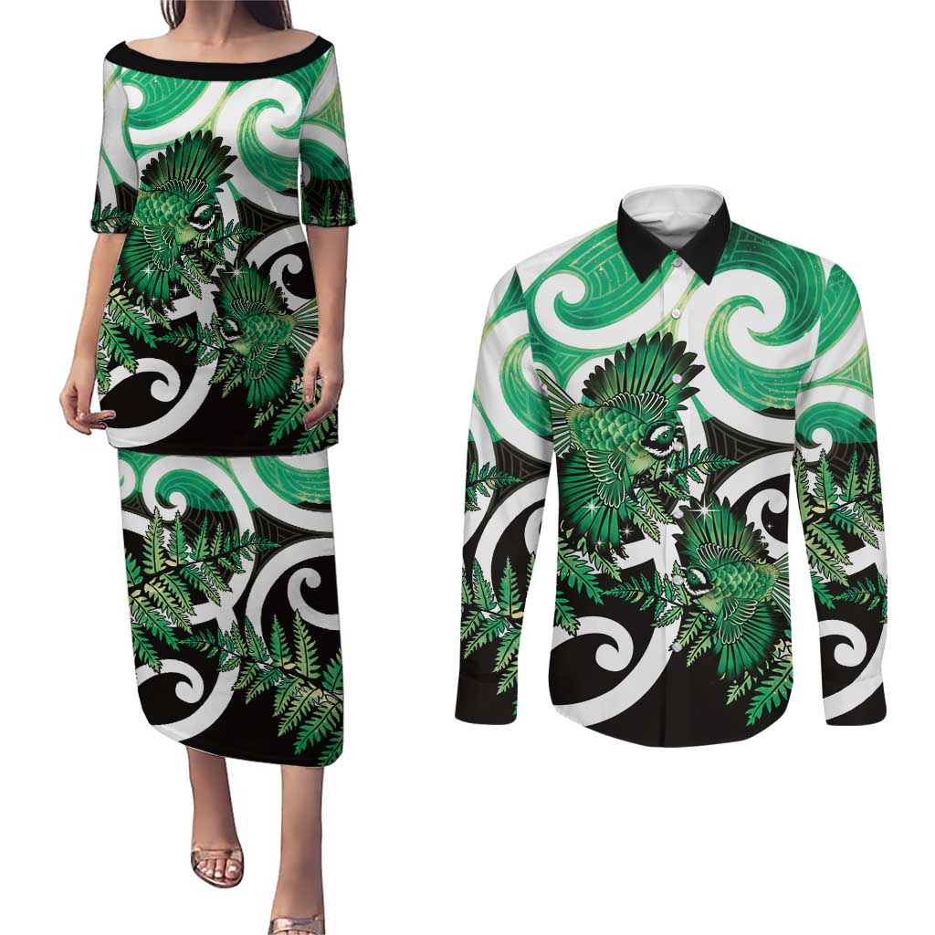 Piwakawaka New Zealand Matariki Couples Matching Puletasi and Long Sleeve Button Shirt Maori New Year Silver Fern Green Galaxy