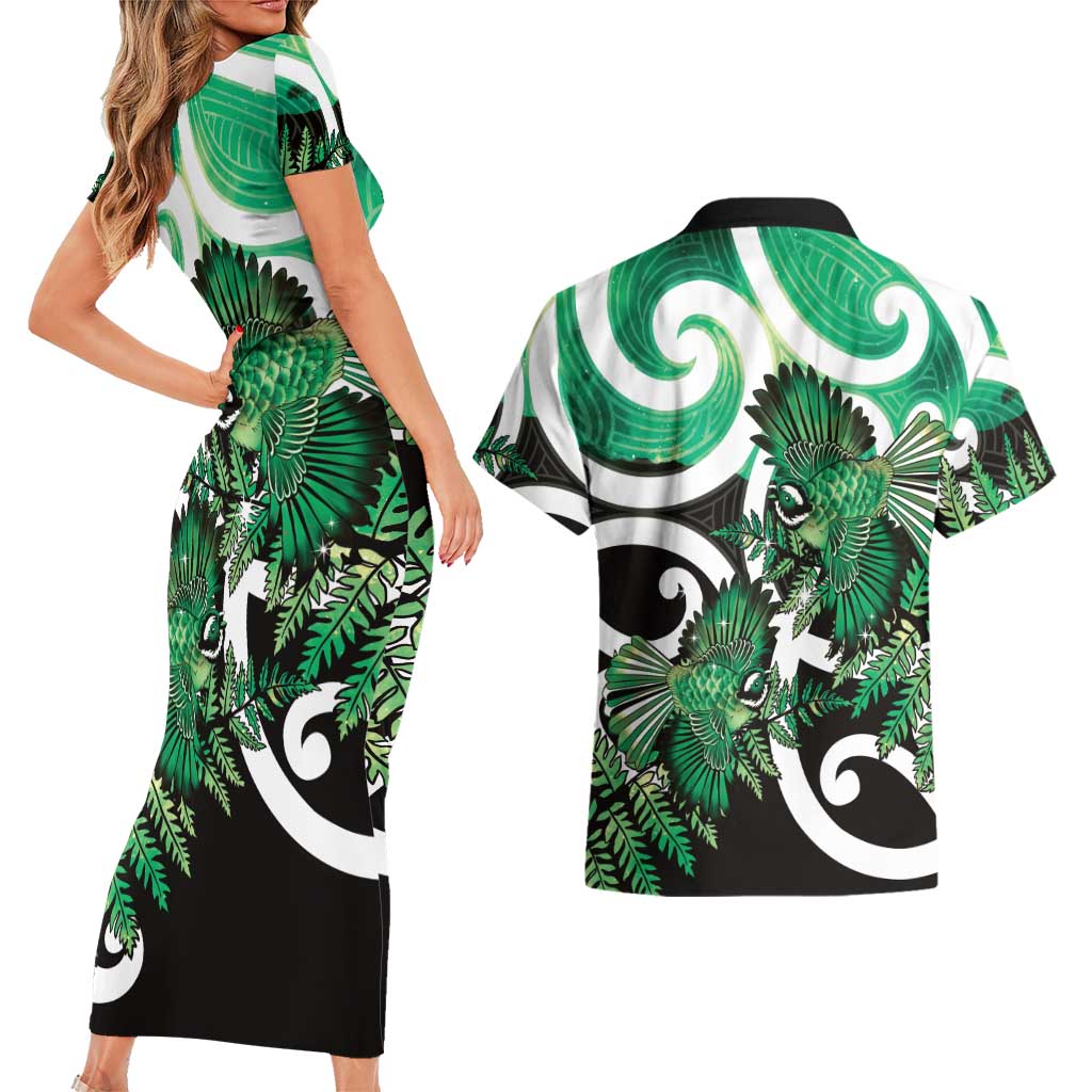 Piwakawaka New Zealand Matariki Couples Matching Short Sleeve Bodycon Dress and Hawaiian Shirt Maori New Year Silver Fern Green Galaxy LT14 - Polynesian Pride