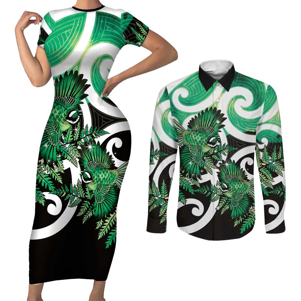 Piwakawaka New Zealand Matariki Couples Matching Short Sleeve Bodycon Dress and Long Sleeve Button Shirt Maori New Year Silver Fern Green Galaxy