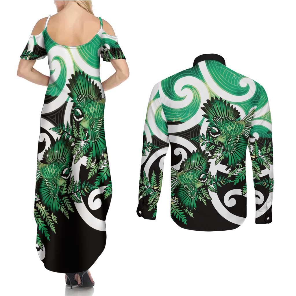 Piwakawaka New Zealand Matariki Couples Matching Summer Maxi Dress and Long Sleeve Button Shirt Maori New Year Silver Fern Green Galaxy LT14 - Polynesian Pride