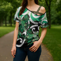 Piwakawaka New Zealand Matariki Cross Shoulder Shirt Maori New Year Silver Fern Green Galaxy LT14 - Polynesian Pride