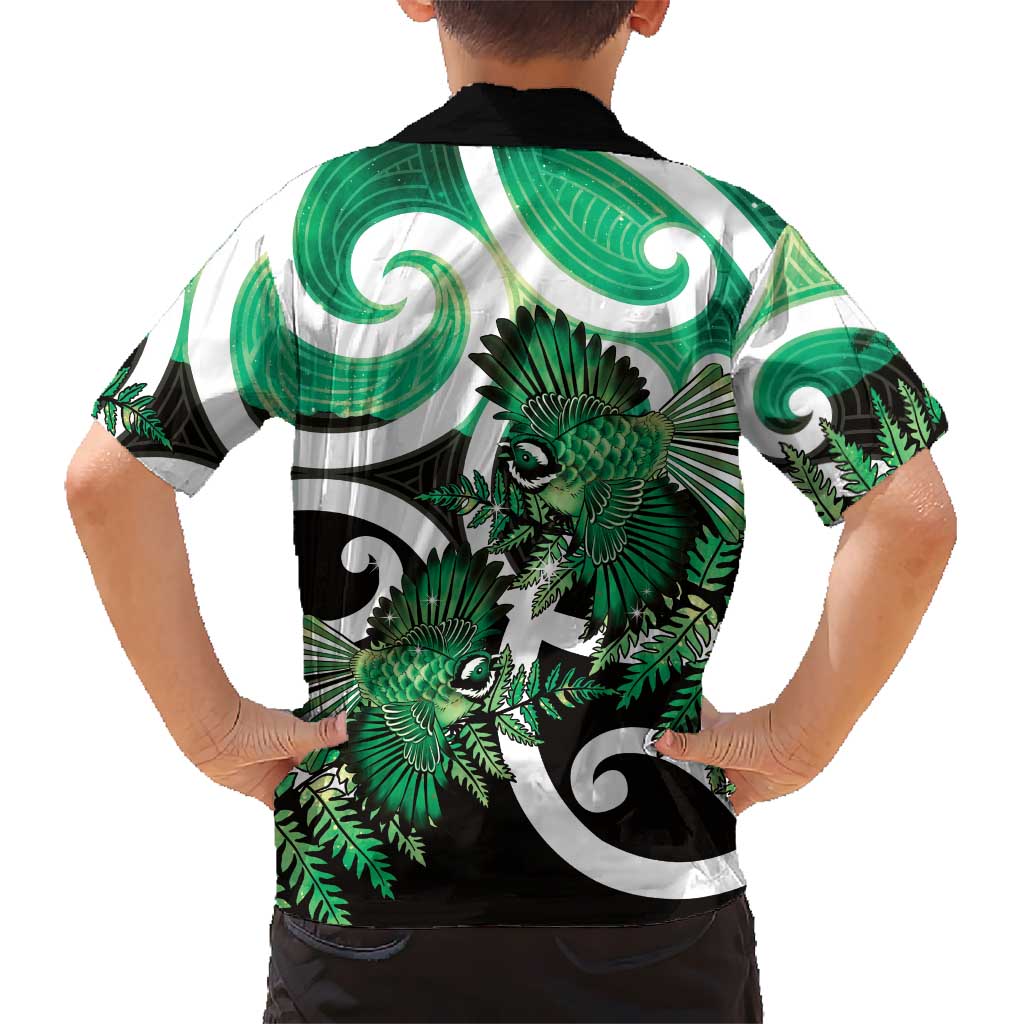 Piwakawaka New Zealand Matariki Family Matching Long Sleeve Bodycon Dress and Hawaiian Shirt Maori New Year Silver Fern Green Galaxy LT14 - Polynesian Pride