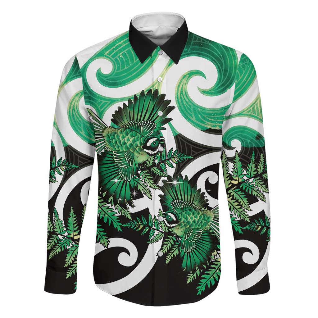 Piwakawaka New Zealand Matariki Family Matching Off Shoulder Short Dress and Hawaiian Shirt Maori New Year Silver Fern Green Galaxy LT14 Dad's Shirt - Long Sleeve Green - Polynesian Pride