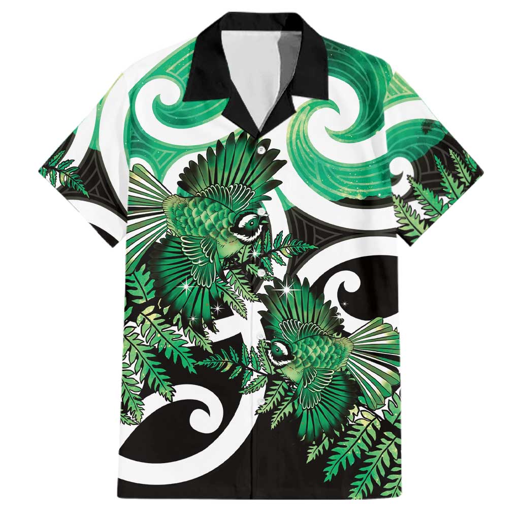 Piwakawaka New Zealand Matariki Family Matching Summer Maxi Dress and Hawaiian Shirt Maori New Year Silver Fern Green Galaxy LT14 Dad's Shirt - Short Sleeve Green - Polynesian Pride