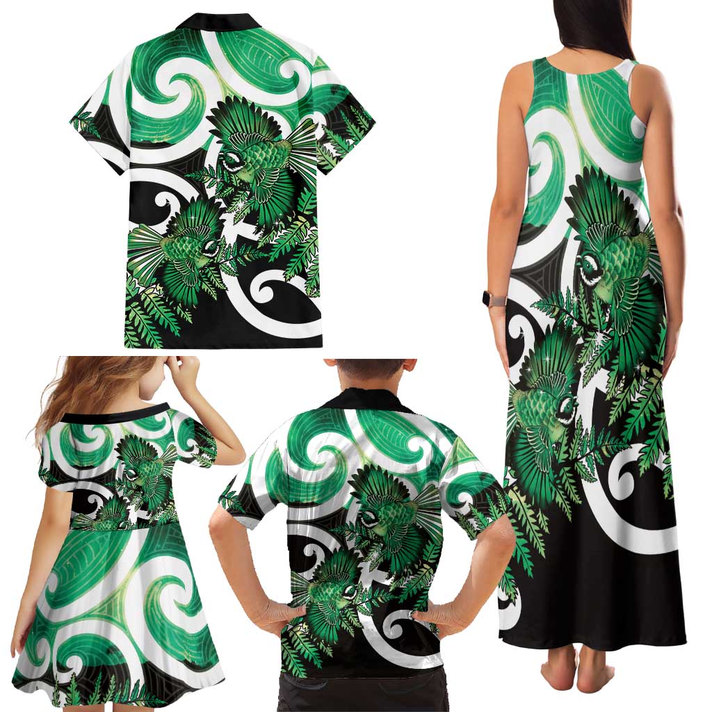 Piwakawaka New Zealand Matariki Family Matching Tank Maxi Dress and Hawaiian Shirt Maori New Year Silver Fern Green Galaxy LT14 - Polynesian Pride