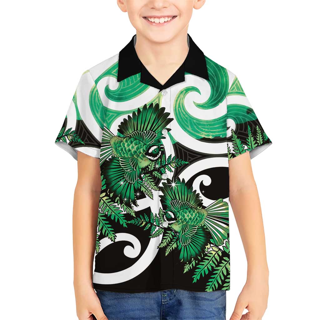 Piwakawaka New Zealand Matariki Family Matching Tank Maxi Dress and Hawaiian Shirt Maori New Year Silver Fern Green Galaxy LT14 Son's Shirt Green - Polynesian Pride