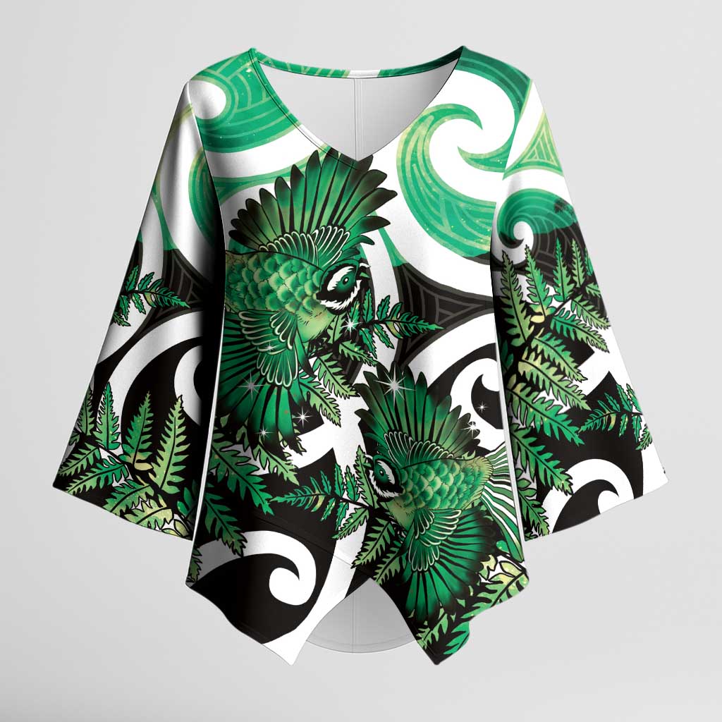 Piwakawaka New Zealand Matariki Kimono Sleeve Blouse Maori New Year Silver Fern Green Galaxy LT14 Female Green - Polynesian Pride