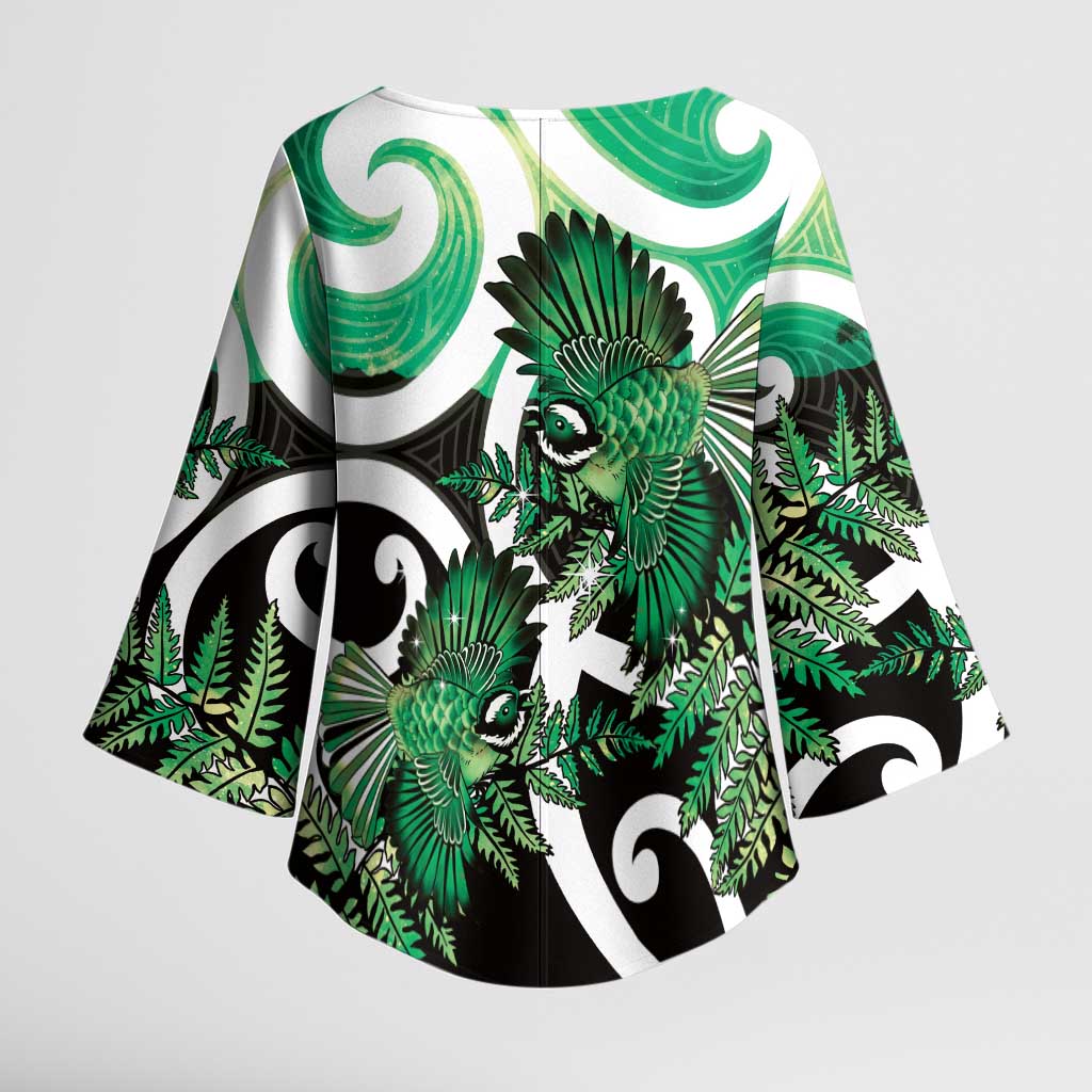 Piwakawaka New Zealand Matariki Kimono Sleeve Blouse Maori New Year Silver Fern Green Galaxy LT14 - Polynesian Pride