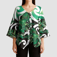 Piwakawaka New Zealand Matariki Kimono Sleeve Blouse Maori New Year Silver Fern Green Galaxy LT14 - Polynesian Pride