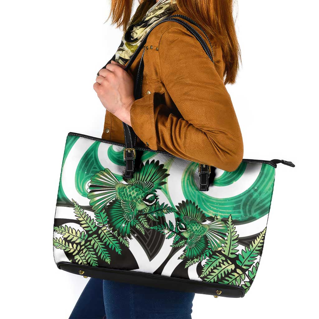 Piwakawaka New Zealand Matariki Leather Tote Bag Maori New Year Silver Fern Green Galaxy LT14 Green - Polynesian Pride