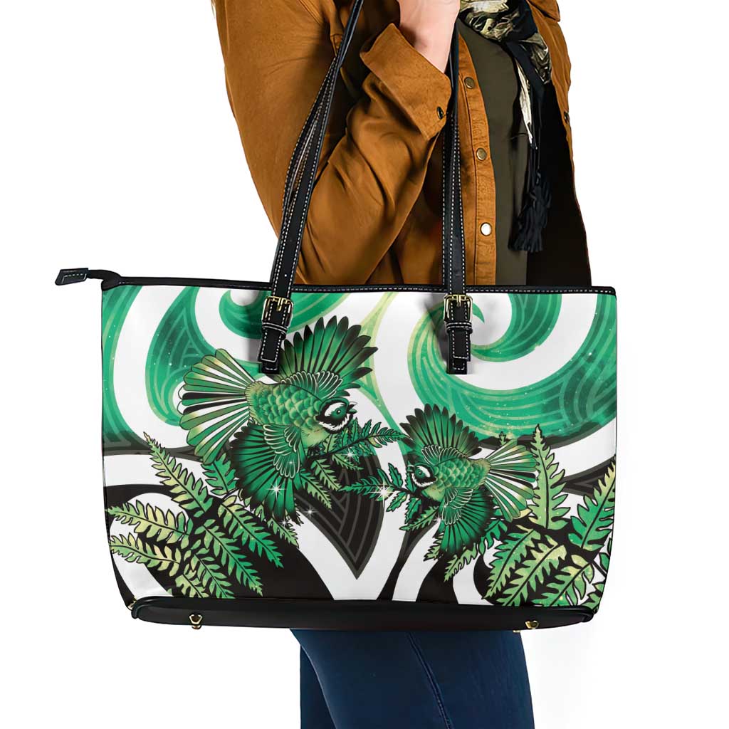 Piwakawaka New Zealand Matariki Leather Tote Bag Maori New Year Silver Fern Green Galaxy LT14 - Polynesian Pride