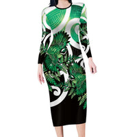 Piwakawaka New Zealand Matariki Long Sleeve Bodycon Dress Maori New Year Silver Fern Green Galaxy LT14 Long Dress Green - Polynesian Pride