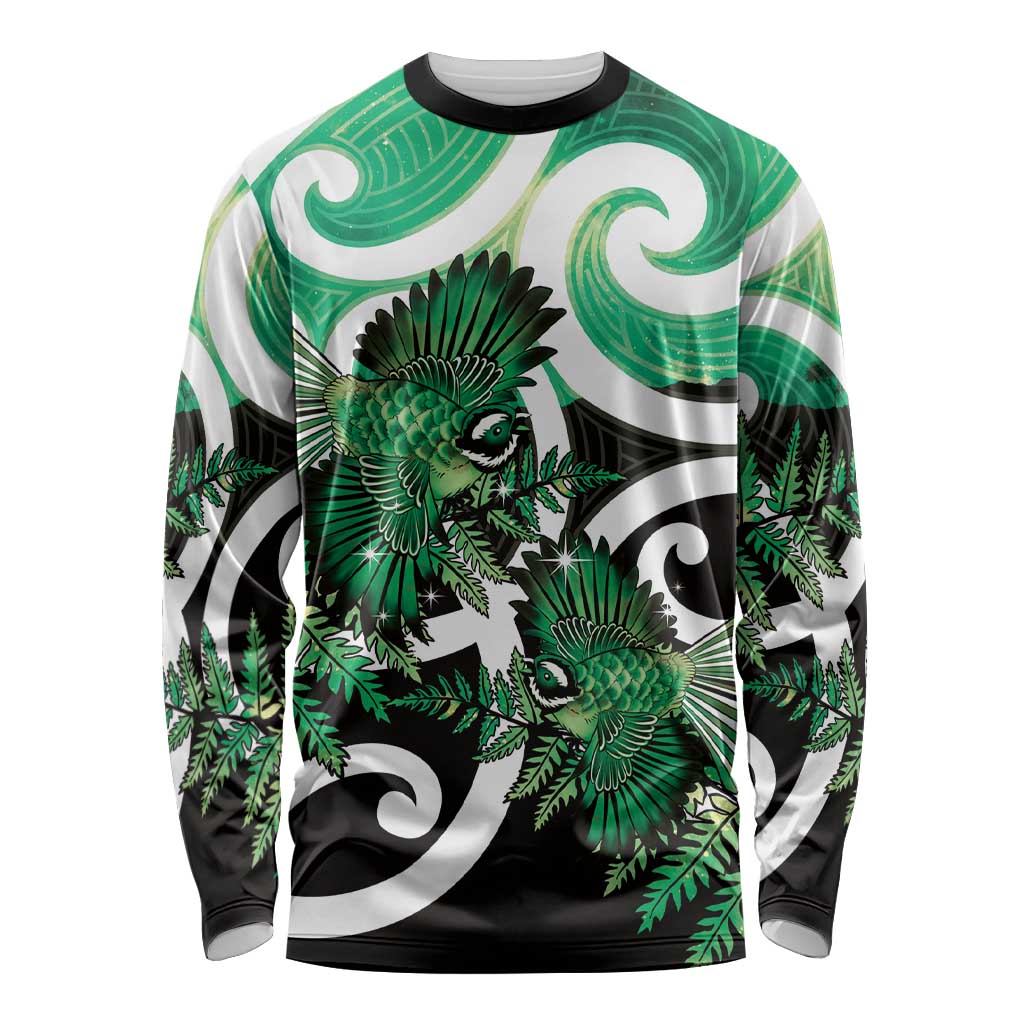 Piwakawaka New Zealand Matariki Long Sleeve Shirt Maori New Year Silver Fern Green Galaxy