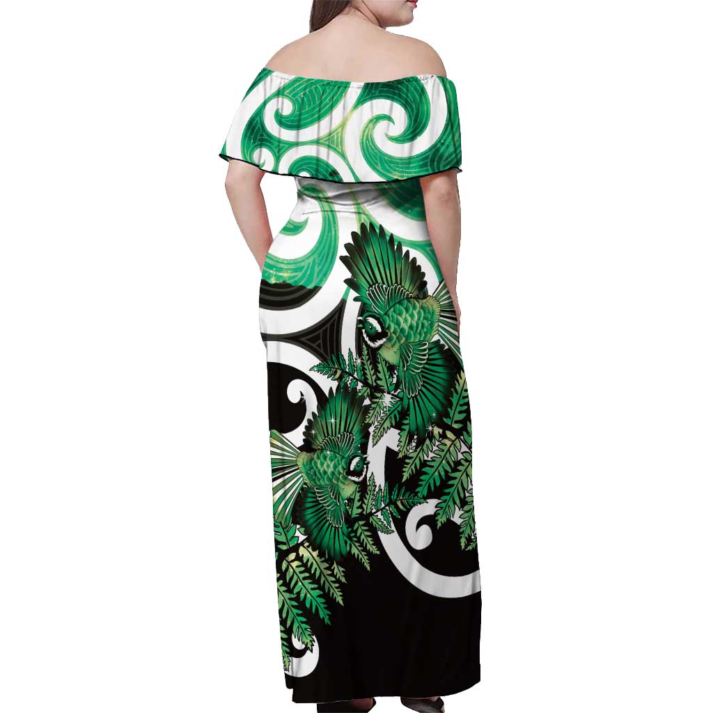 Piwakawaka New Zealand Matariki Off Shoulder Maxi Dress Maori New Year Silver Fern Green Galaxy LT14 - Polynesian Pride