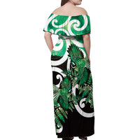 Piwakawaka New Zealand Matariki Off Shoulder Maxi Dress Maori New Year Silver Fern Green Galaxy LT14 - Polynesian Pride