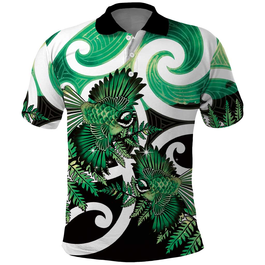 Piwakawaka New Zealand Matariki Polo Shirt Maori New Year Silver Fern Green Galaxy LT14 Green - Polynesian Pride