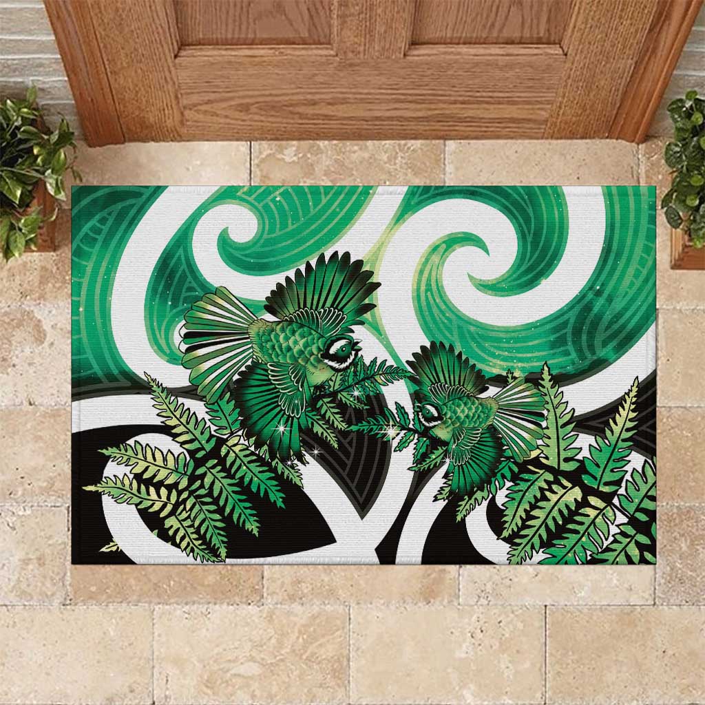 Piwakawaka New Zealand Matariki Rubber Doormat Maori New Year Silver Fern Green Galaxy